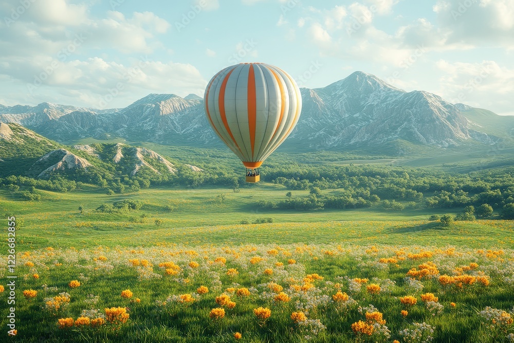 Fototapeta premium 3D render of a hot air balloon flying over a green meadow with yellow flowers and mountains in the background, in Octane rendering and Cinema4D style.