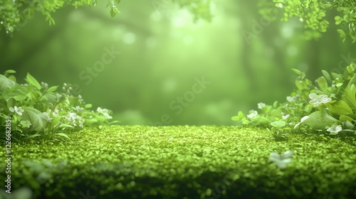 Lush green forest floor, spring blooms, nature background, product display