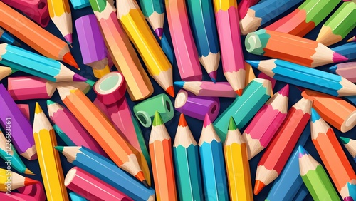 Vibrant illustration of colorful pencils scattered on a dark background, ideal for back-to-school, art, and creativity projects.