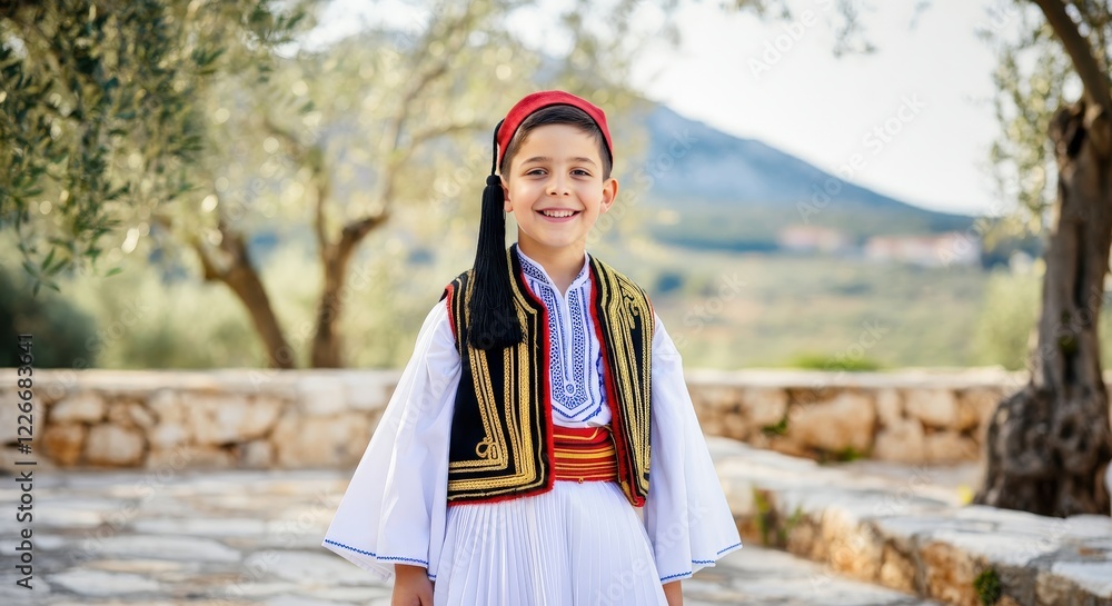 Fototapeta premium Young boy in traditional greek costume smiling outdoors during cultural festival in historic village setting
