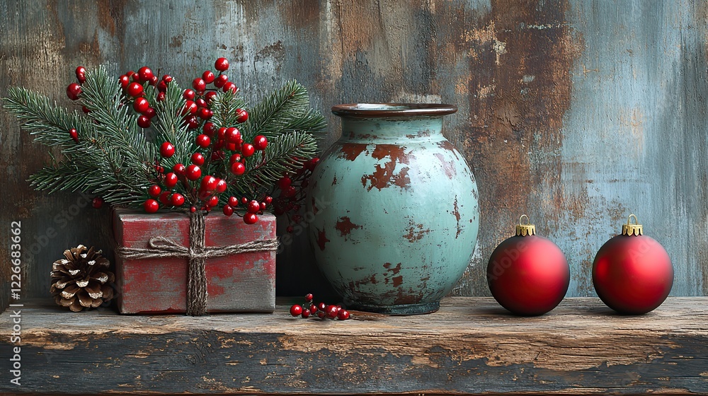 Obraz premium A holiday setting with a decorated gift and red ornaments arranged on rustic wood. This design is suitable for seasonal cards, banners, and invitations with space for text.