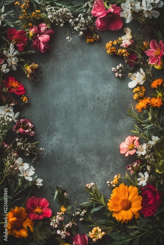 Wallpaper Mural A colorful flower arrangement is framed by a gray background. The flowers are arranged in a circular pattern, with some overlapping and others standing alone. Scene is cheerful and vibrant Torontodigital.ca