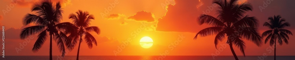Palm trees swaying gently in a fiery summer sunset glow, landscape, tropical Palm trees swaying gently in a fiery summer sunset glow, landscape, tropical