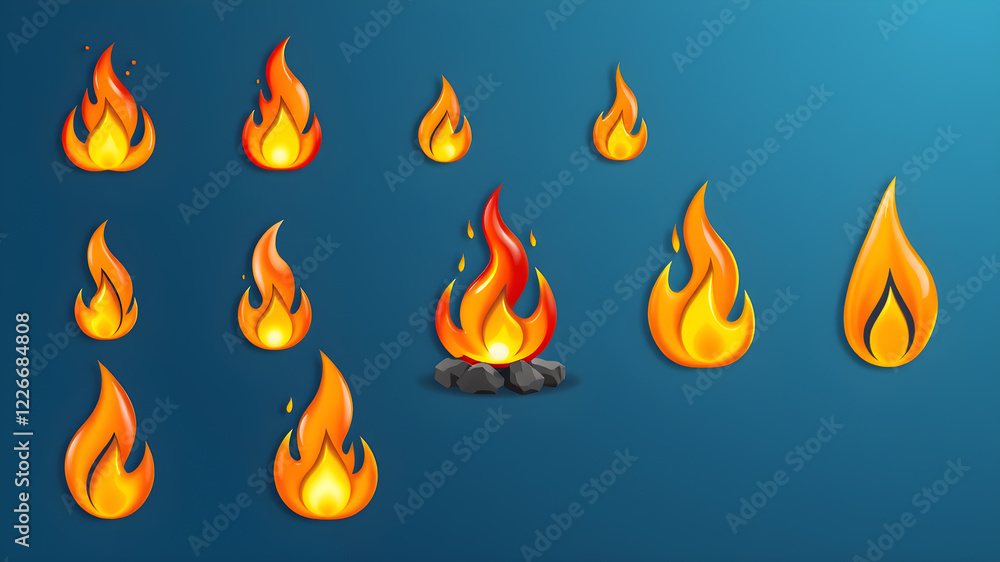 Glossy burning flame of fire 3D icons set. Vector render bonfire or campfire emoji isolated. Different sizes and shapes of flame with sparks, degrees combustion of fire. Generative AI Glossy burning flame of fire 3D icons set. Vector render bonfire or campfire emoji isolated. Different sizes and shapes of flame with sparks, degrees combustion of fire. Generative AI