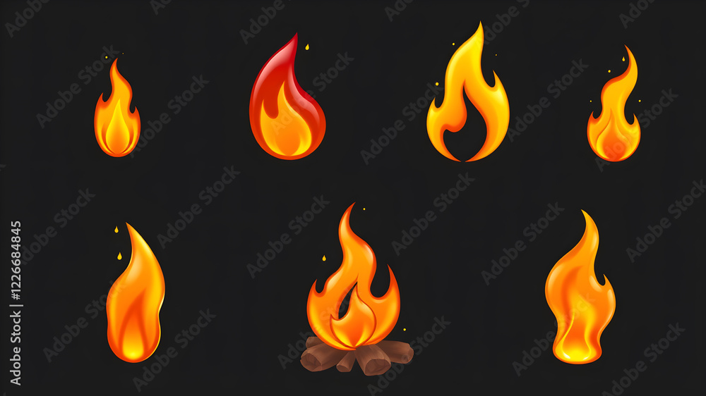 Glossy burning flame of fire 3D icons set. Vector render bonfire or campfire emoji isolated. Different sizes and shapes of flame with sparks, degrees combustion of fire. Generative AI Glossy burning flame of fire 3D icons set. Vector render bonfire or campfire emoji isolated. Different sizes and shapes of flame with sparks, degrees combustion of fire. Generative AI