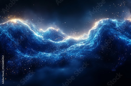 Abstract blue wave with glowing particles on a dark background, futuristic digital technology concept for data, AI, and big data innovation. photo