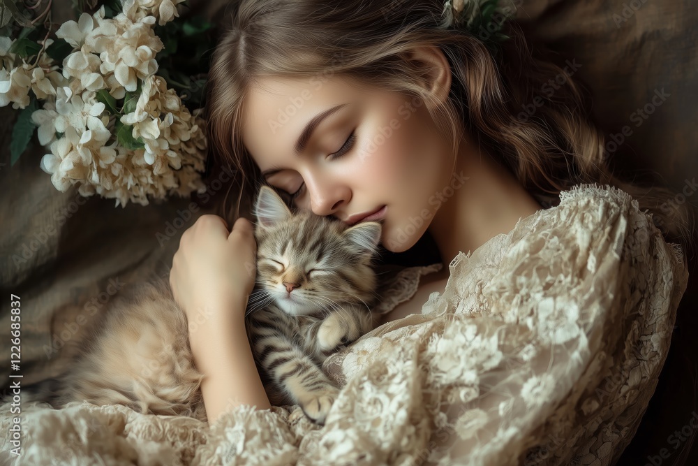 Woman relaxing at home with her adorable kitten Woman relaxing at home with her adorable kitten