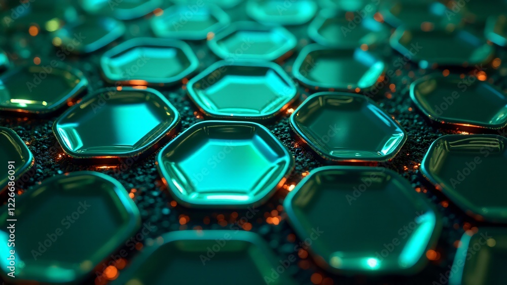 Fototapeta premium A network of interconnected hexagons reflects light with metallic surfaces, creating a high-tech, cyberpunk design.