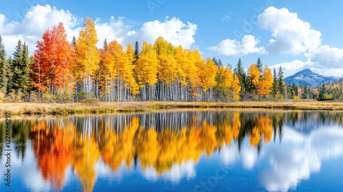 Vibrant autumn trees in yellow and orange hues reflect on the calm surface of a mountain lake under a blue sky.