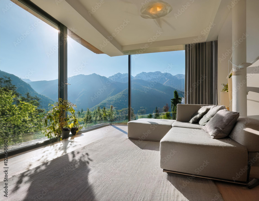 Fototapeta premium Modern interior with minimalist design and breathtaking mountain view in daylight