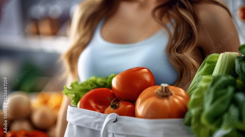 Woman Holding Fresh Tomatoes and Greens in a Bag Woman Holding Fresh Tomatoes and Greens in a Bag