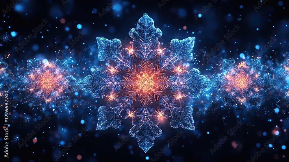 Fototapeta premium a pattern with interlaced snowflakes with a digital glitch and distortion effect on a dark blue background, a futuristic cyberpunk design, retro futurism webpunk disco aesthetic, cyberpunk neon colors
