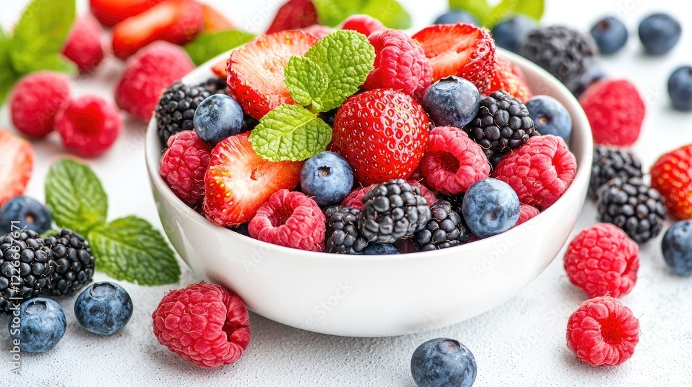 Fresh mixed berry salad in bowl, kitchen table, healthy snack Fresh mixed berry salad in bowl, kitchen table, healthy snack