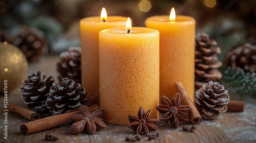 A rustic composition with three lit candles, pinecones, cinnamon sticks, and star anise on a wooden background, perfect for Christmas cards, holiday decor themes, and seasonal banners.