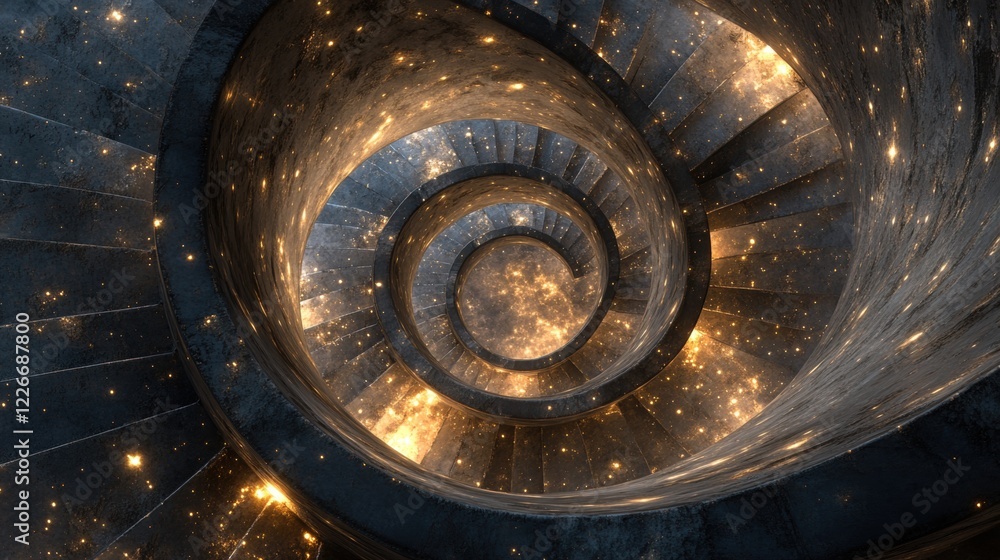 Staircase spirals down into a vast pool of glittering stars in a cosmic space Staircase spirals down into a vast pool of glittering stars in a cosmic space