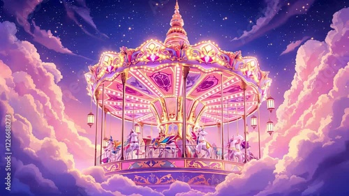 Fantasy magical carousel spinning under a starry night sky, surrounded by colorful clouds