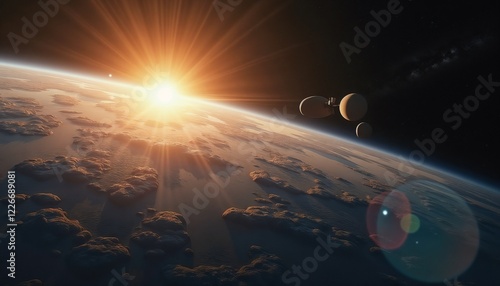Observing Earth from high orbit during sunrise reveals a stunning glow along the planet's edge, highlighting clouds and illuminating surrounding space. Celestial bodies can be seen nearby