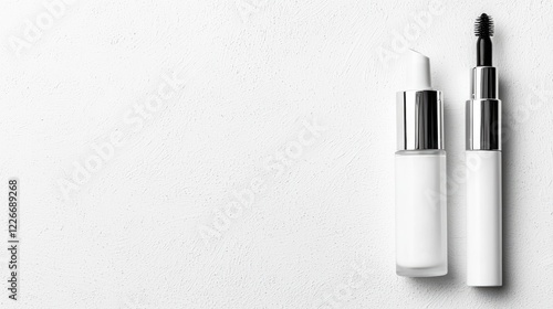 White cosmetic bottles on textured background, beauty product mockup, for advertising photo