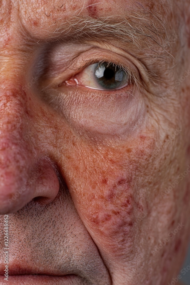 A detailed view of an elderly man's face showing signs of aging, skin blemishes and textural changes. A detailed view of an elderly man's face showing signs of aging, skin blemishes and textural changes.