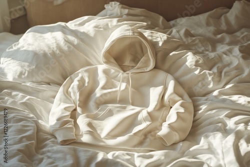Cozy white hoodie resting on a bed surrounded by soft, crumpled linens in warm sunlight