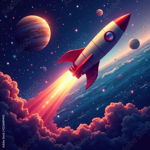 Retro rockets soaring past planets, vibrant nebulae, stardust, adventure photo