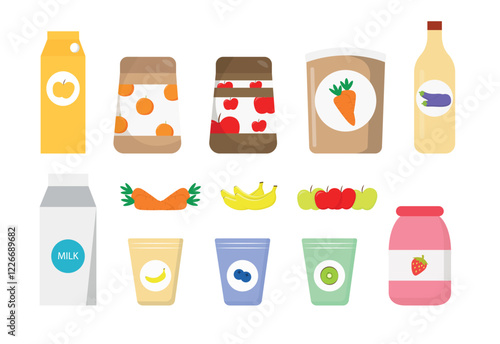 Set of useful store products in cartoon style. Vector illustration of different products, packages: juices, milk, yogurts, fruits, vegetables, carrots, bananas, apples, isolated on white background.