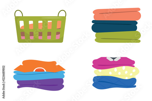 Set of stacks of folded clothes after washing in cartoon style. Vector illustration basket, stacks with different clean clothes: t-shirts, sweatshirts isolated on white background. Laundry. Bathroom.