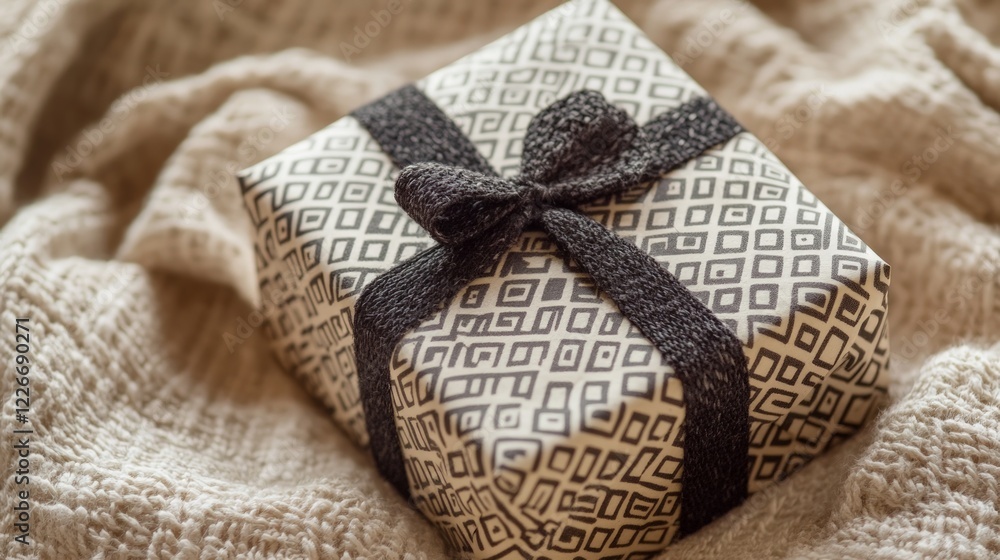 Wrapped Gift Box with Black Ribbon on Textured Fabric Surface Wrapped Gift Box with Black Ribbon on Textured Fabric Surface