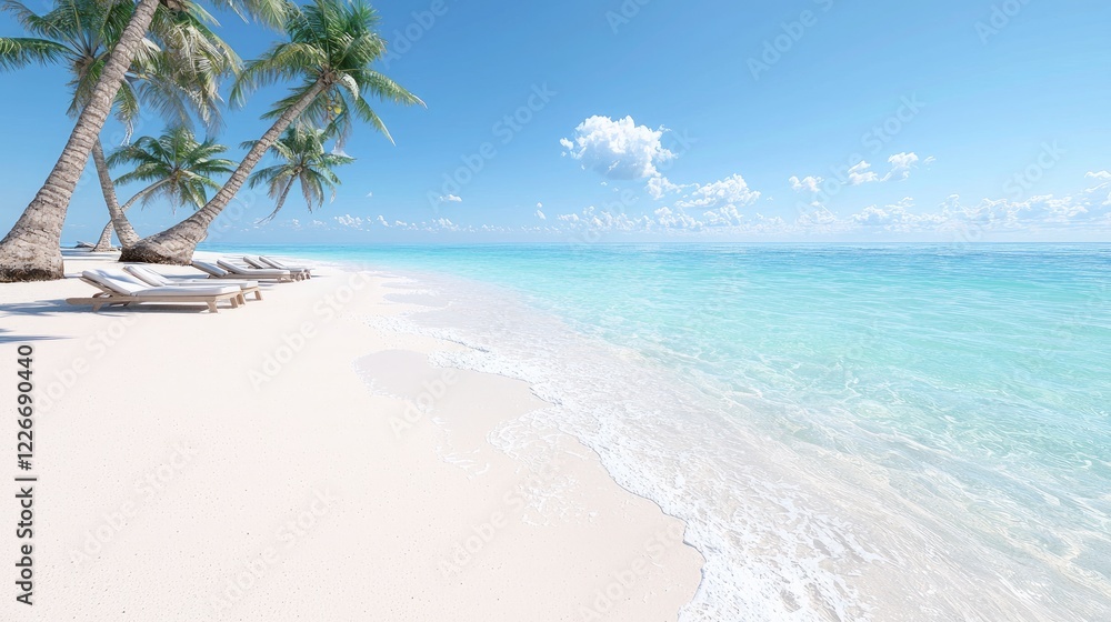 Fototapeta premium Empty lounge chairs rest under palm trees on a pristine white sand beach next to turquoise ocean water under a clear blue sky.