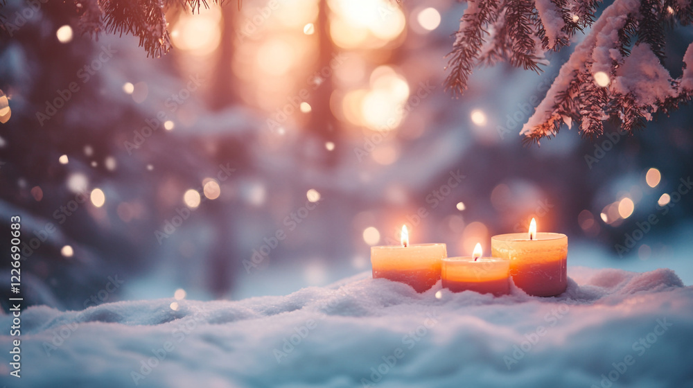 Fototapeta premium Winter Wonderland Candlescape Snowy Scene Peaceful Night Romantic Cozy Candles Burning Warm Light 