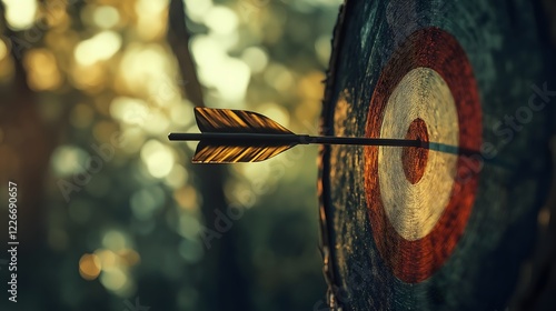 Arrow strikes target in forest setting during golden hour photo