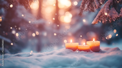 Winter Wonderland Candlescape Snowy Scene Peaceful Night Romantic Cozy Candles Burning Warm Light    photo