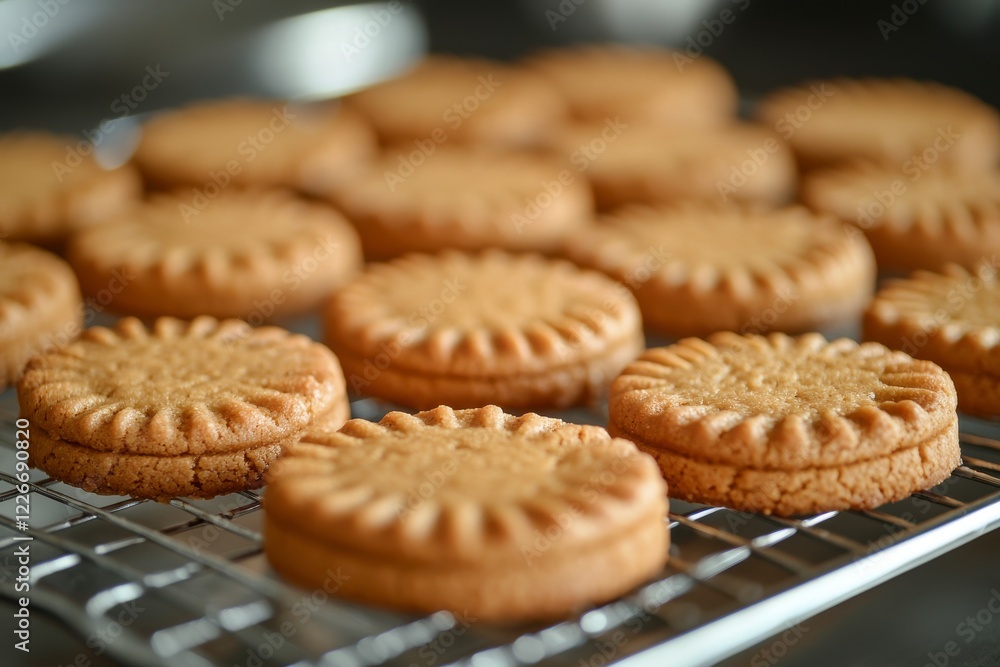 Freshly Baked Round Cookies on a Cooling Rack at Kitchen Counter Freshly Baked Round Cookies on a Cooling Rack at Kitchen Counter
