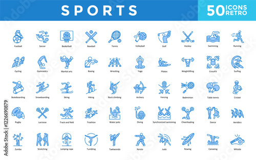 Sports icon set with football, soccer, basketball, baseball, tennis, volleyball, golf, hockey, swimming, running icon. Simple retro vector 
