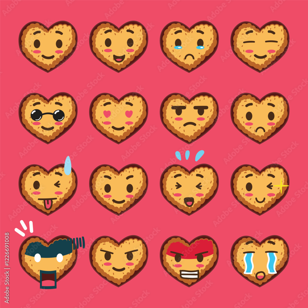 Love-shaped Dry Cookie with Various Emoticons for Emoji Project or Valentine Design Element Love-shaped Dry Cookie with Various Emoticons for Emoji Project or Valentine Design Element