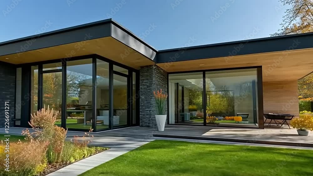 Modern house with large glass windows surrounded by lush greenery and a vibrant garden Modern house with large glass windows surrounded by lush greenery and a vibrant garden