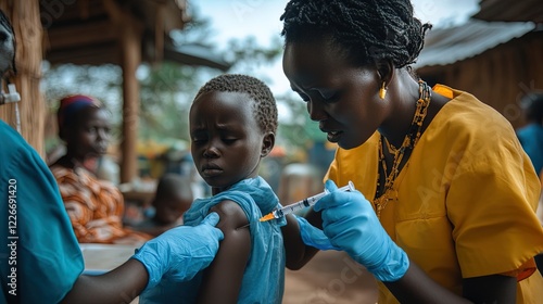 A healthcare worker administering a vaccine in a community clinic, emphasizing public health efforts and access to healthcare for all 