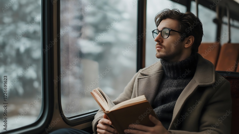 Sophisticated man reading a book on a bus during a winter day surrounded by snowy scenery Sophisticated man reading a book on a bus during a winter day surrounded by snowy scenery