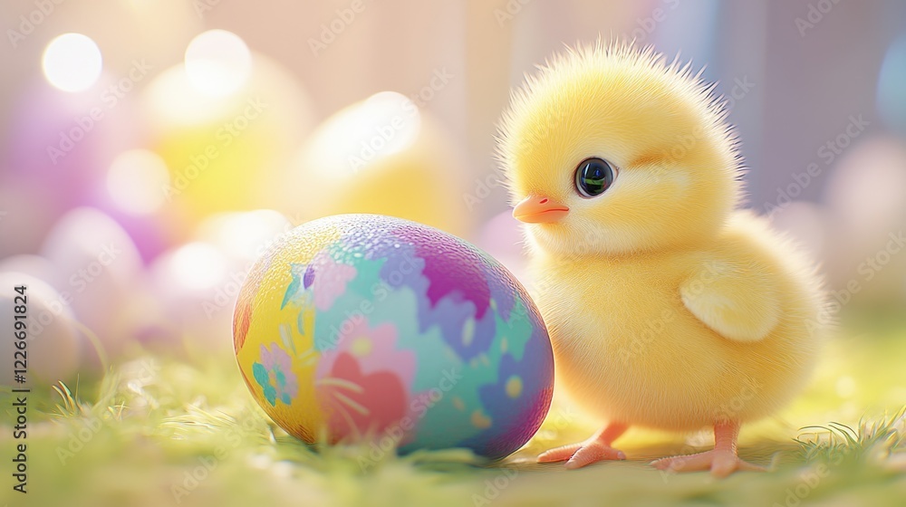 Little yellow chick exploring an Easter egg in a vivid garden setting. Little yellow chick exploring an Easter egg in a vivid garden setting.