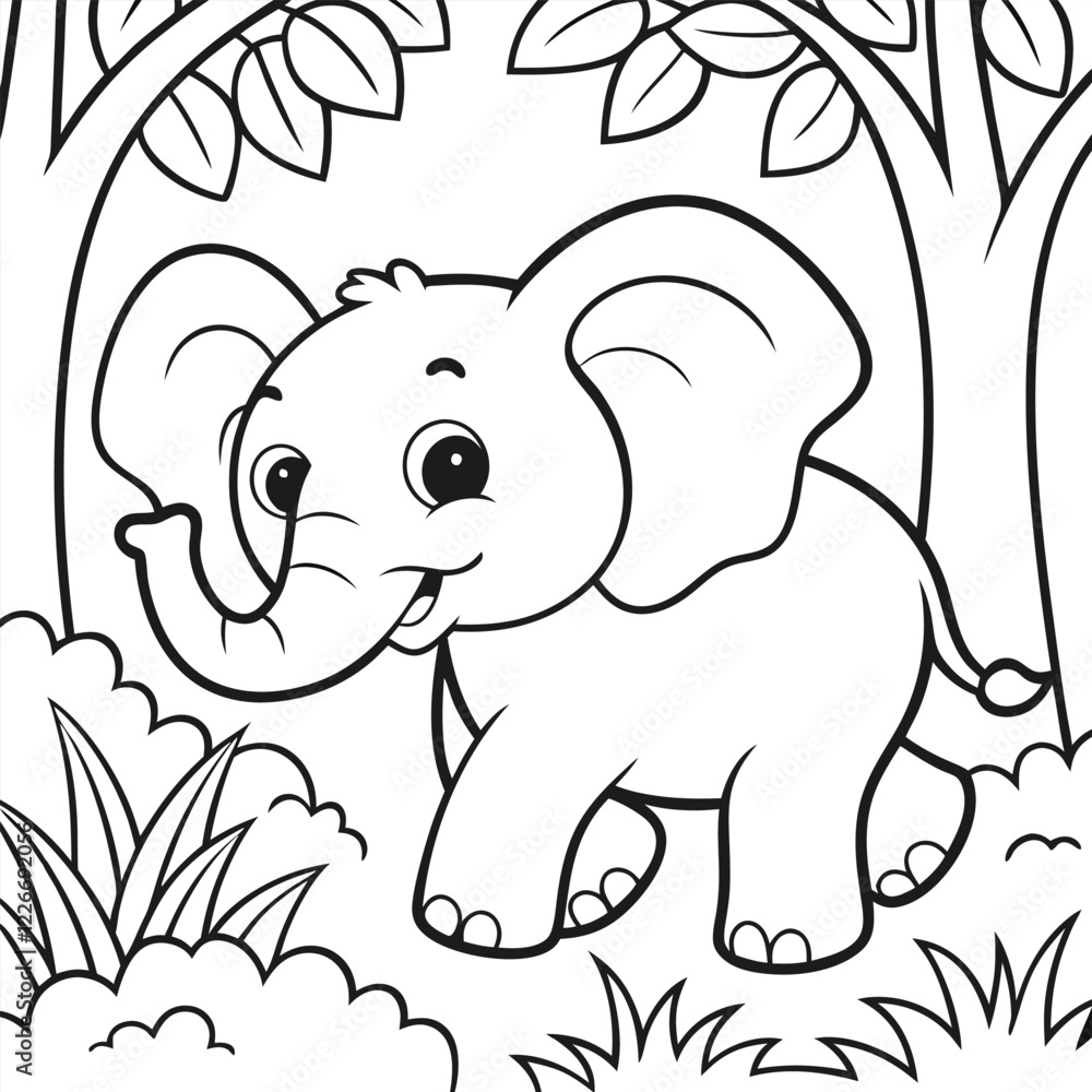 Cute Baby Elephant Coloring Page in a Lush Jungle Setting Cute Baby Elephant Coloring Page in a Lush Jungle Setting
