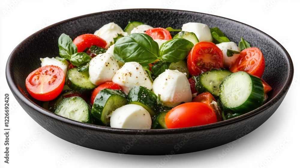 Salad featuring mozzarella cheese, tomatoes, cucumbers, and basil in a dark bowl on a white background Salad featuring mozzarella cheese, tomatoes, cucumbers, and basil in a dark bowl on a white background