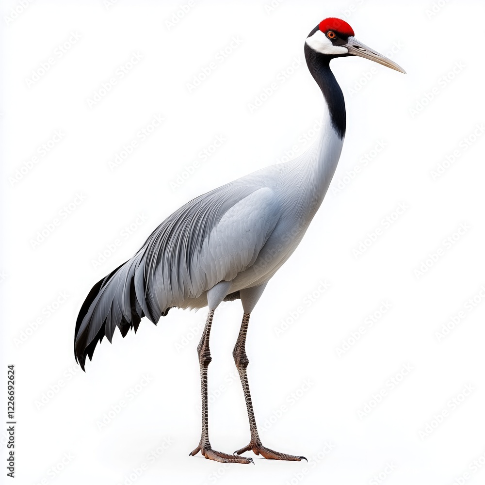 Majestic crane with long legs and elegant gray feathers stands proud against a stark white background Majestic crane with long legs and elegant gray feathers stands proud against a stark white background