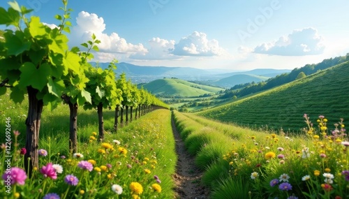 Rolling hills, grapevines budding amidst wildflowers, scenery, panorama photo