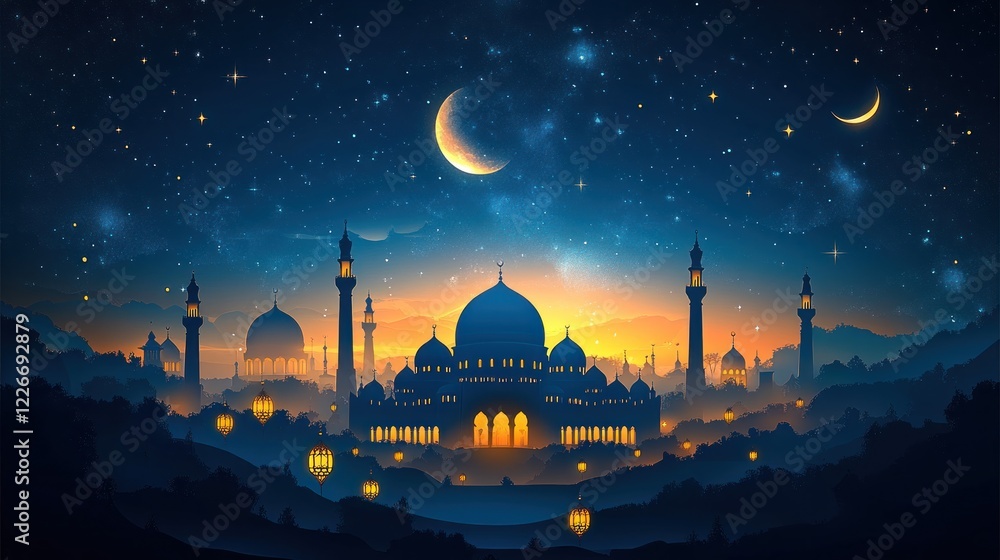 Illuminated mosque at night, crescent moon, stars, and hot air balloons in a scenic landscape. Illuminated mosque at night, crescent moon, stars, and hot air balloons in a scenic landscape.