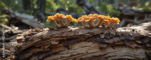 Gloeoporus dichrous bracket fungus growing on a decaying log, bracket fungi, forest ecosystem photo