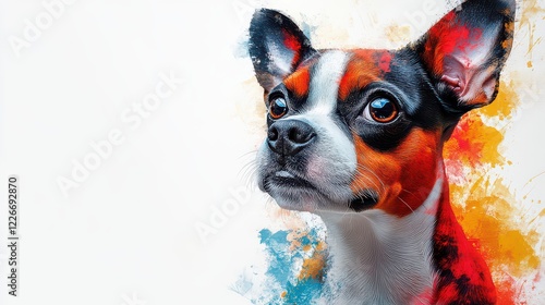 Colorful Boston Terrier portrait, studio, white background, pet art photo