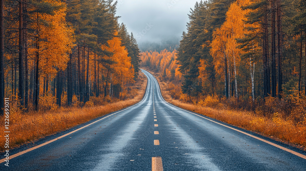 Fototapeta premium A long highway stretching through a dense forest with golden autumn leaves