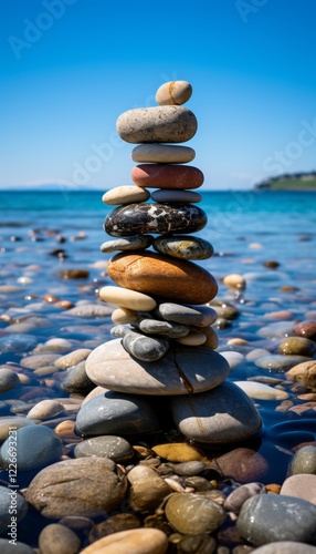 A symbolic scale made of stones balanced on a serene sea background. The scene represents harmony and balance, conveying the concepts of work life balance and emotional well being. 
