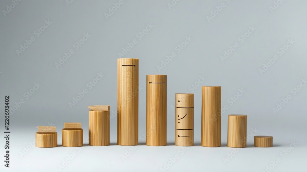 A collection of wooden cylinders of varying heights and details on a plain background A collection of wooden cylinders of varying heights and details on a plain background