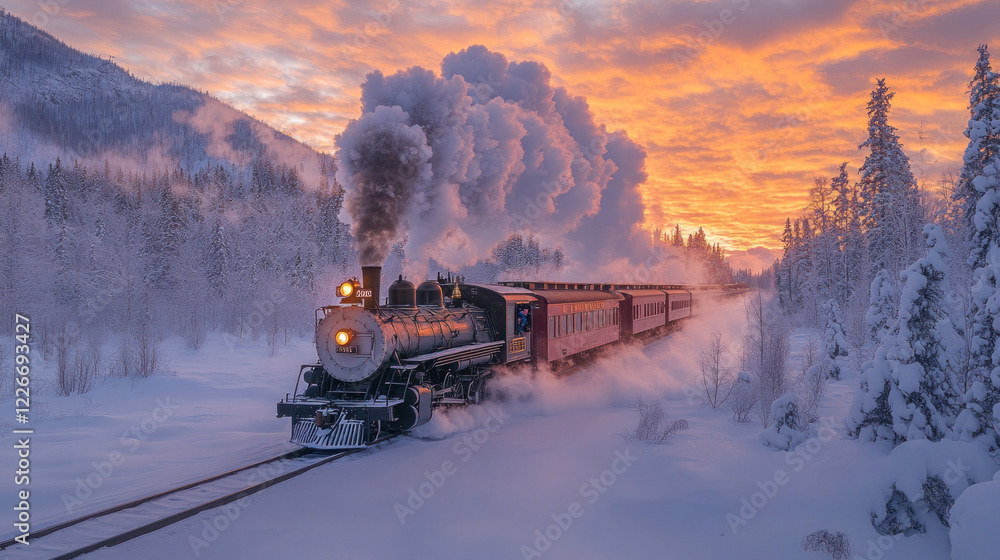 Obraz premium A steam locomotive crossing a snowy landscape with plumes of steam against a winter sky